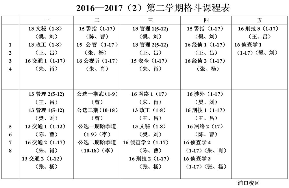 2016-2017学年第2学期课程表-警察体育教研部